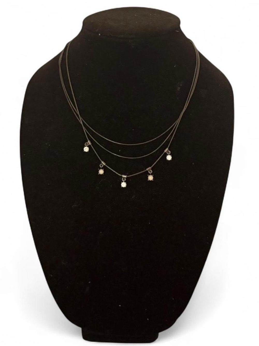 Delicate Multi-Layer Black Necklace with Crystal and Pearl Drops